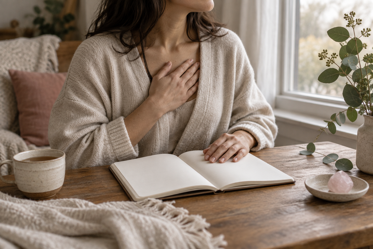 Mujer respirando con una mano sobre el corazón frente a un diario en blanco y cuarzo rosa