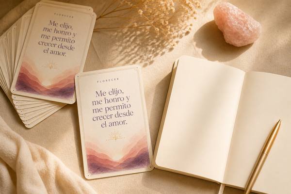 Cartas de afirmación Florecer de Cuarzara junto a un diario y cuarzo rosa