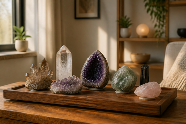 Colección de cristales naturales colocados de forma estable sobre una bandeja de madera