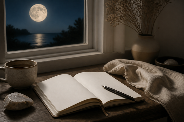 Diario abierto junto a una ventana iluminada por la luna llena