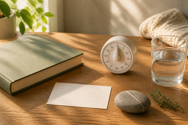 Libro cerrado, temporizador, vaso de agua, tarjeta y piedra sobre un escritorio