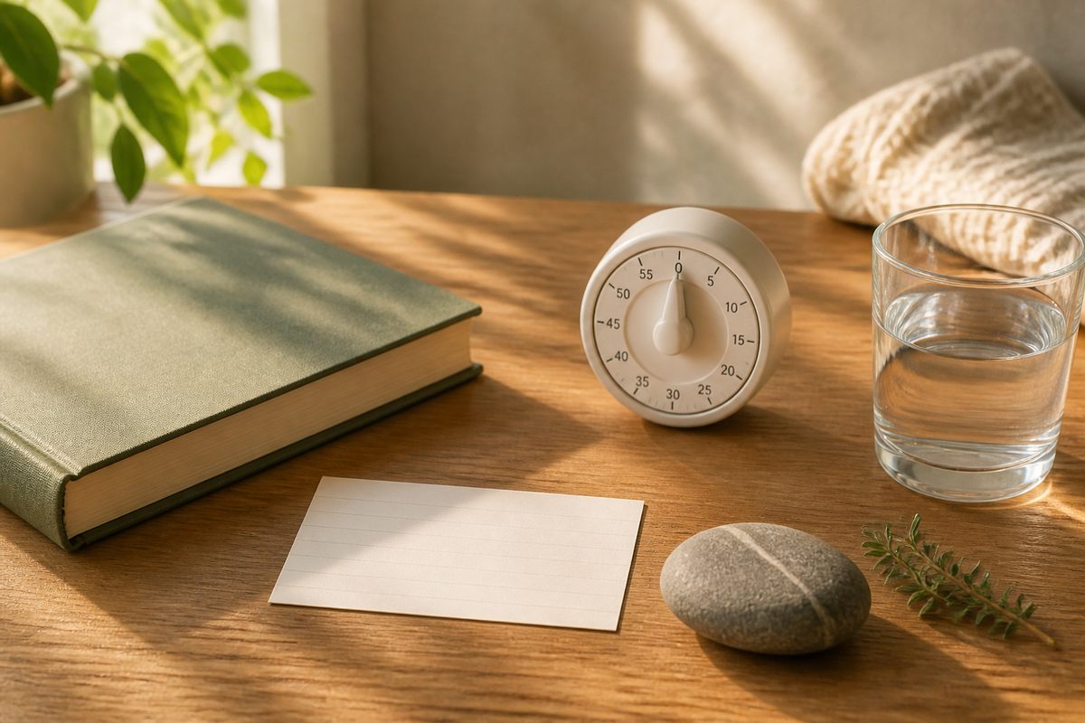 Libro cerrado, temporizador, vaso de agua, tarjeta y piedra sobre un escritorio
