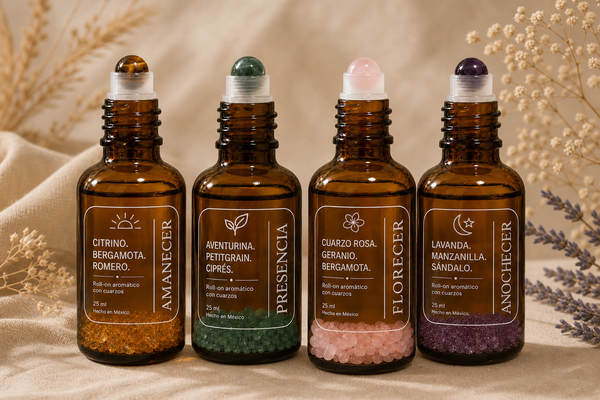 Cuatro roll-ons aromáticos Cuarzara: Amanecer, Presencia, Florecer y Anochecer