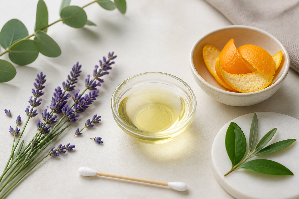 Lavanda, cáscara de naranja, hojas y aceite portador sobre una superficie clara