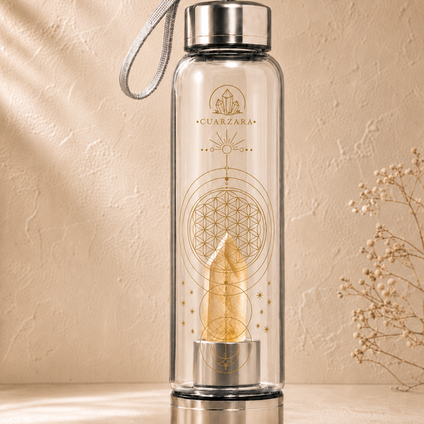 Botella de Agua con Cuarzo Natural – Flor de la Vida