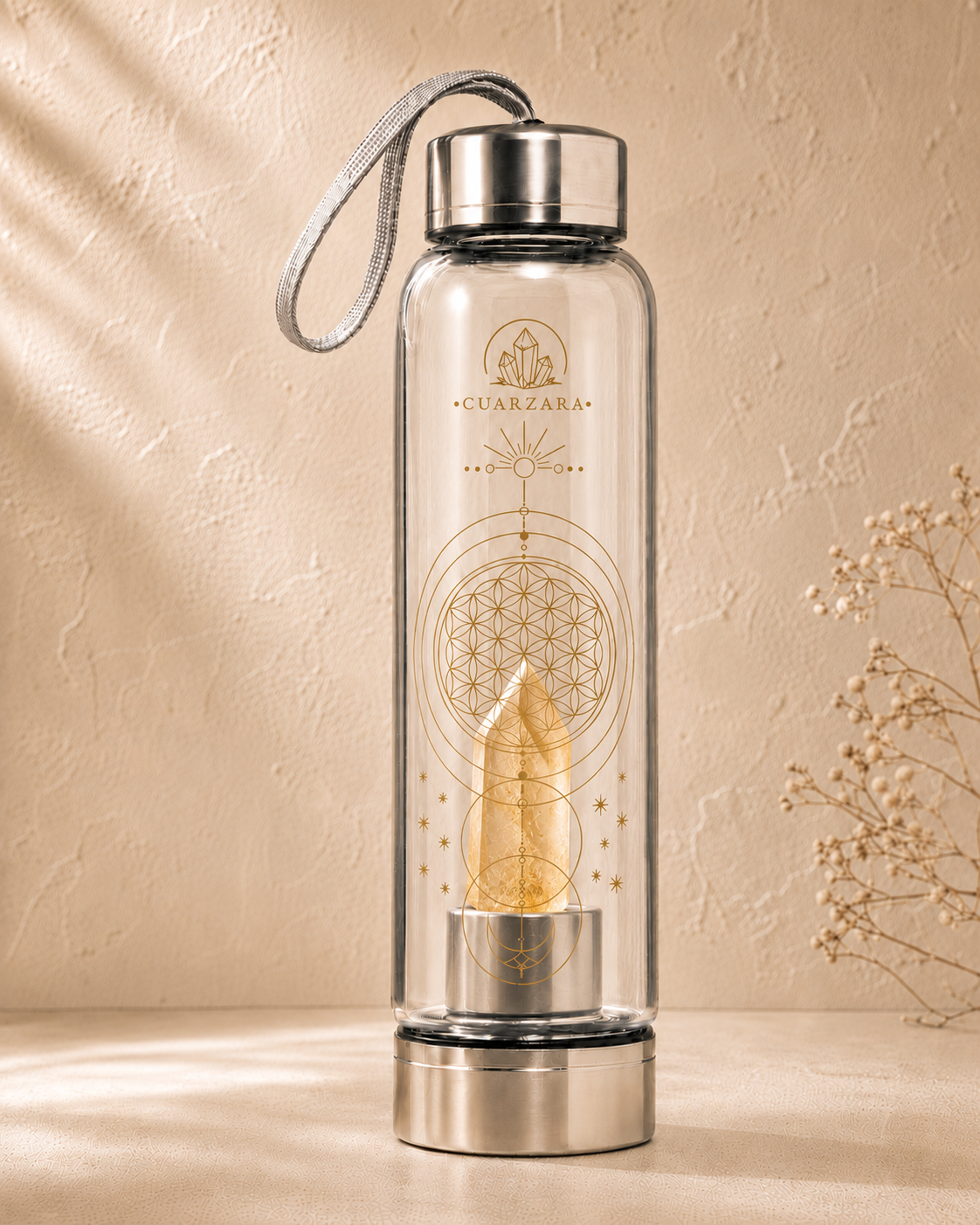 Botella de Agua con Cuarzo Natural – Flor de la Vida