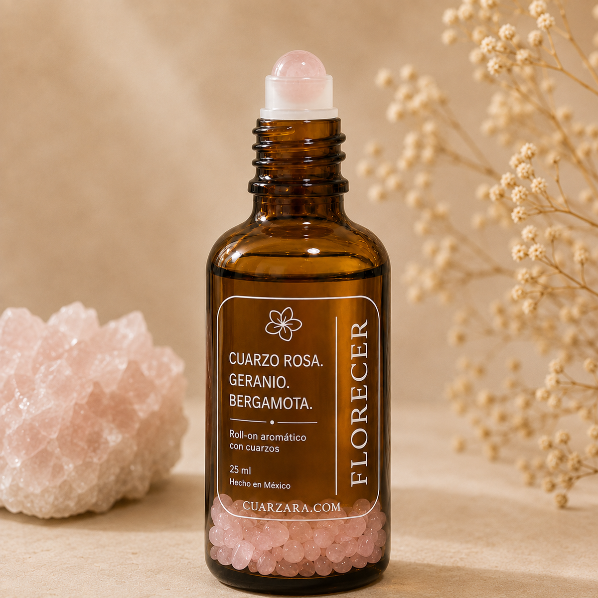 Florecer — Roll-On Aromático con Aceites Esenciales y Cuarzo Rosa
