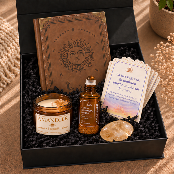 Set Amanecer con vela de 80 g presentado en caja de regalo premium con relleno negro