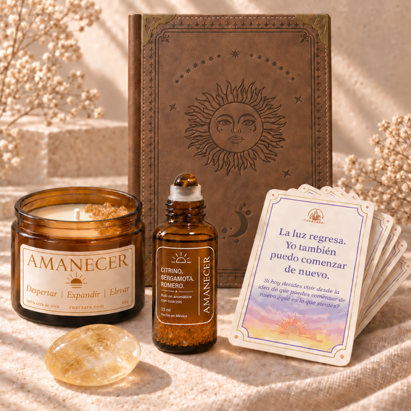Set Amanecer con vela de 80 g, citrino ovalado, roll-on, cuaderno y cartas de afirmación