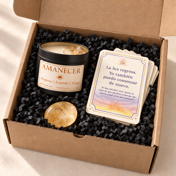 Mini set ritual Amanecer dentro de caja kraft con cartas de diseño aprobado