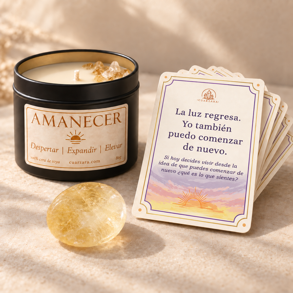 Mini set ritual Amanecer con vela, citrino y cartas de afirmación con diseño aprobado