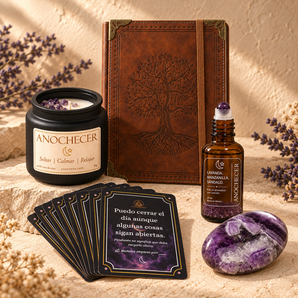 Set Ritual Anochecer completo con vela, roll-on, amatista, cartas y cuaderno