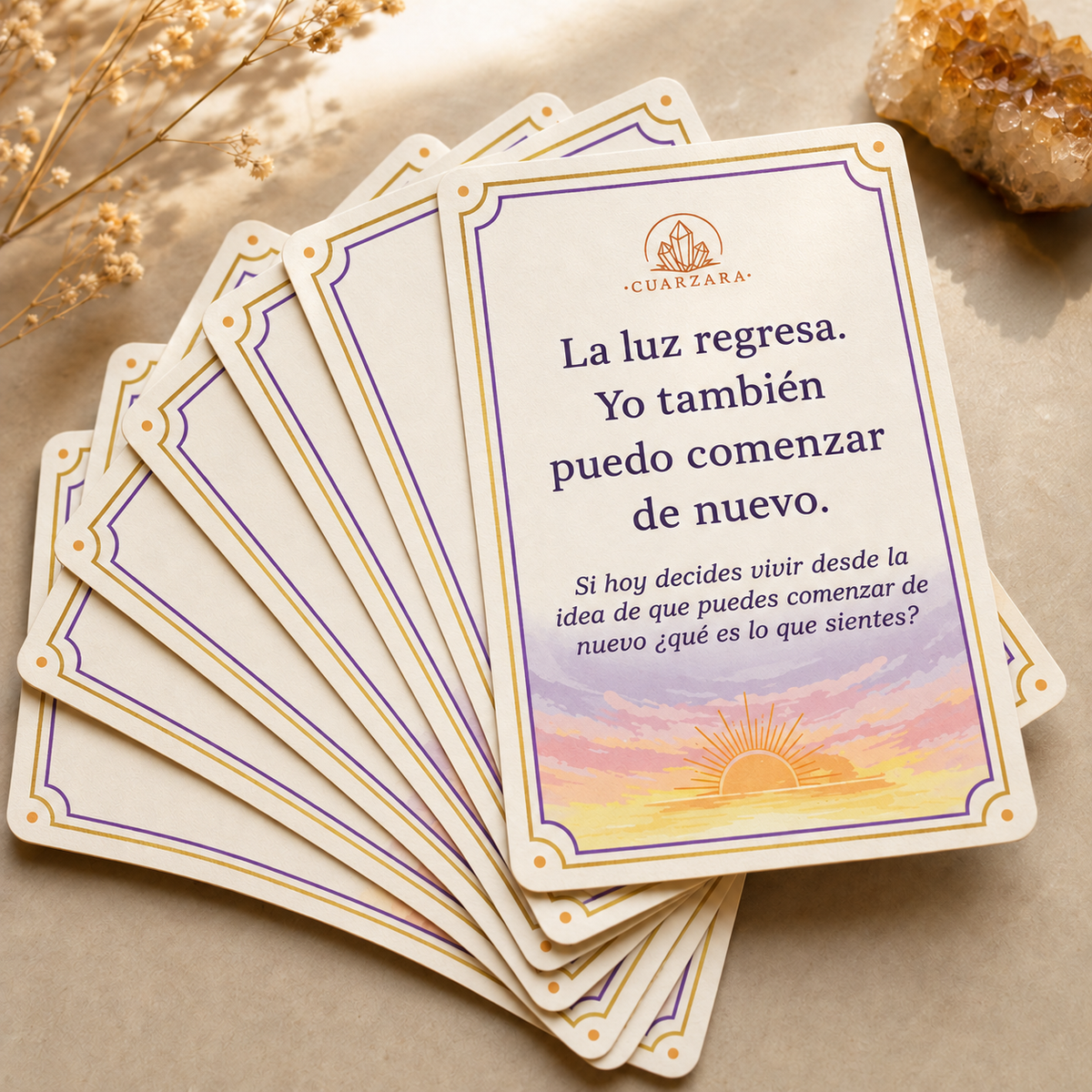 Cartas de Afirmación Amanecer con marco morado y dorado y amanecer ilustrado