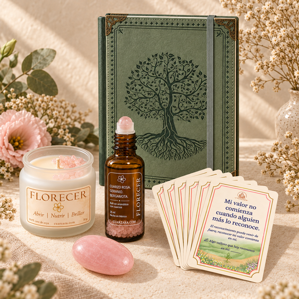 Set ritual Florecer completo con vela, roll-on, cuarzo rosa, cartas y cuaderno