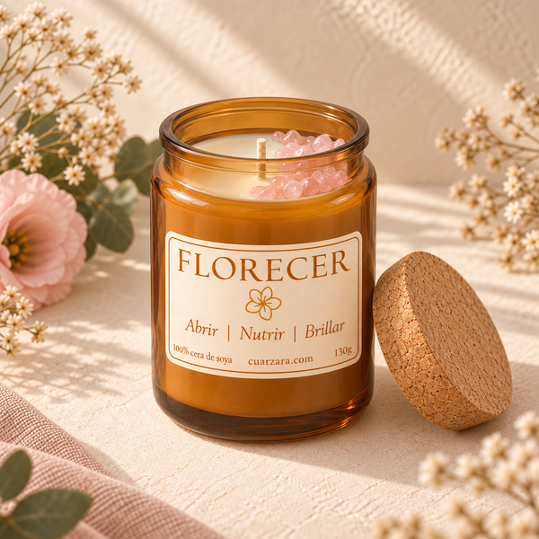 Vela Florecer de 130 g en frasco ámbar alto con cuarzo rosa