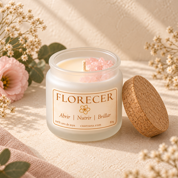 Vela Florecer de 80 g en frasco blanco con cuarzo rosa