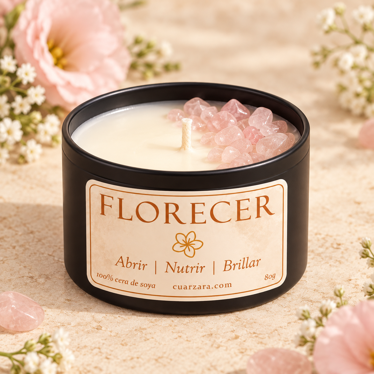 Vela Florecer de 80 g con cuarzo rosa