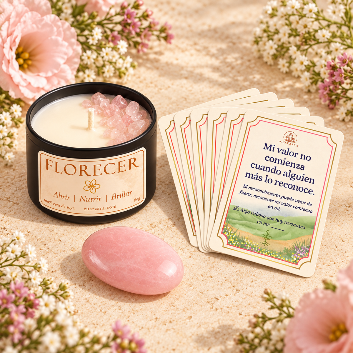 Set ritual mini Florecer con vela, cuarzo rosa y cartas de afirmación