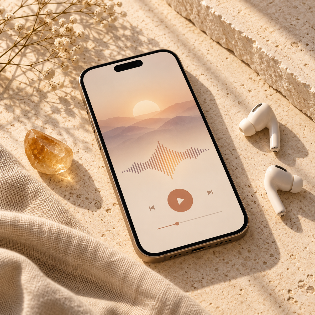Guía de Audio Amanecer en un teléfono con audífonos y citrino