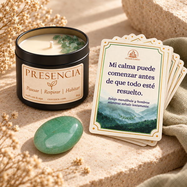 Mini set ritual Presencia con vela, aventurina y cartas de afirmación