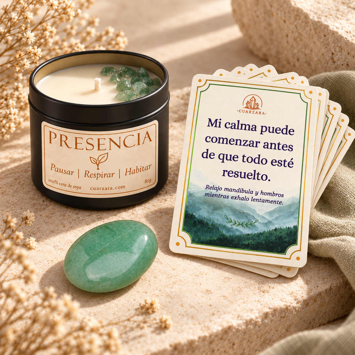 Mini set ritual Presencia con vela, aventurina y cartas de afirmación