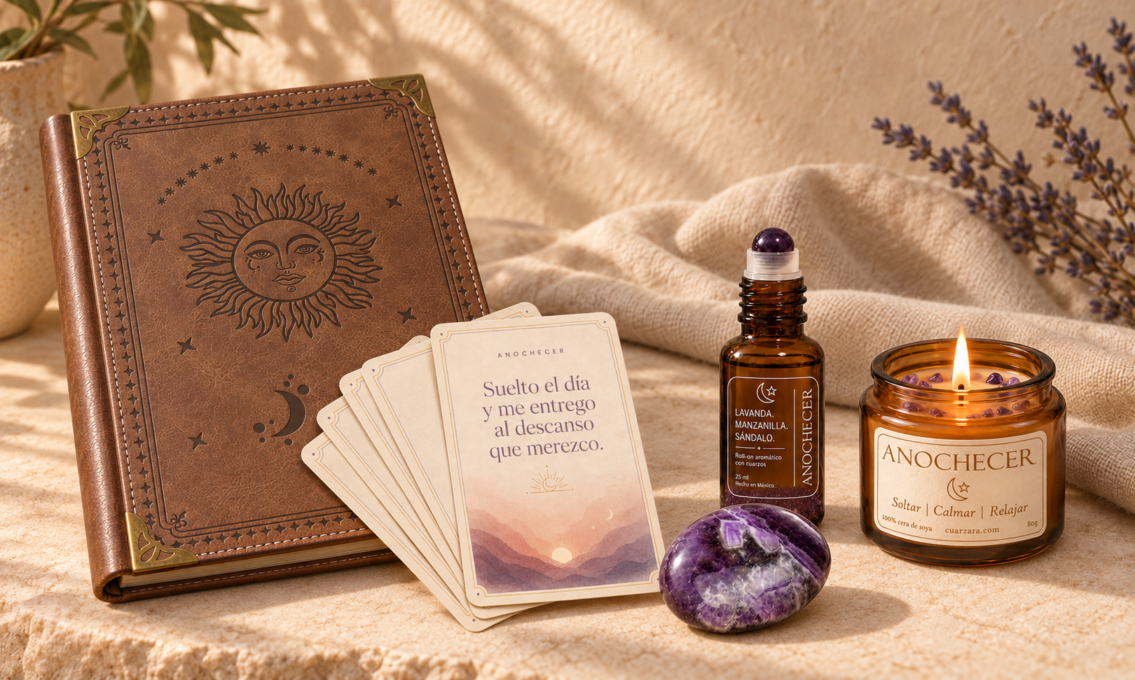 Ritual Anochecer con amatista, cuaderno celestial, cartas de afirmación, roll-on y vela encendida con cristales de amatista